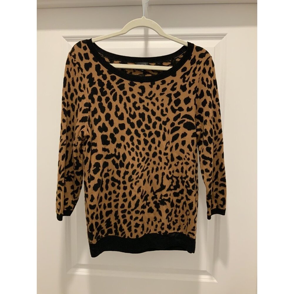 Talbots Sweater MEDIUM Women's Cheetah Print 3/4 Sleeve Brown Black Transitional